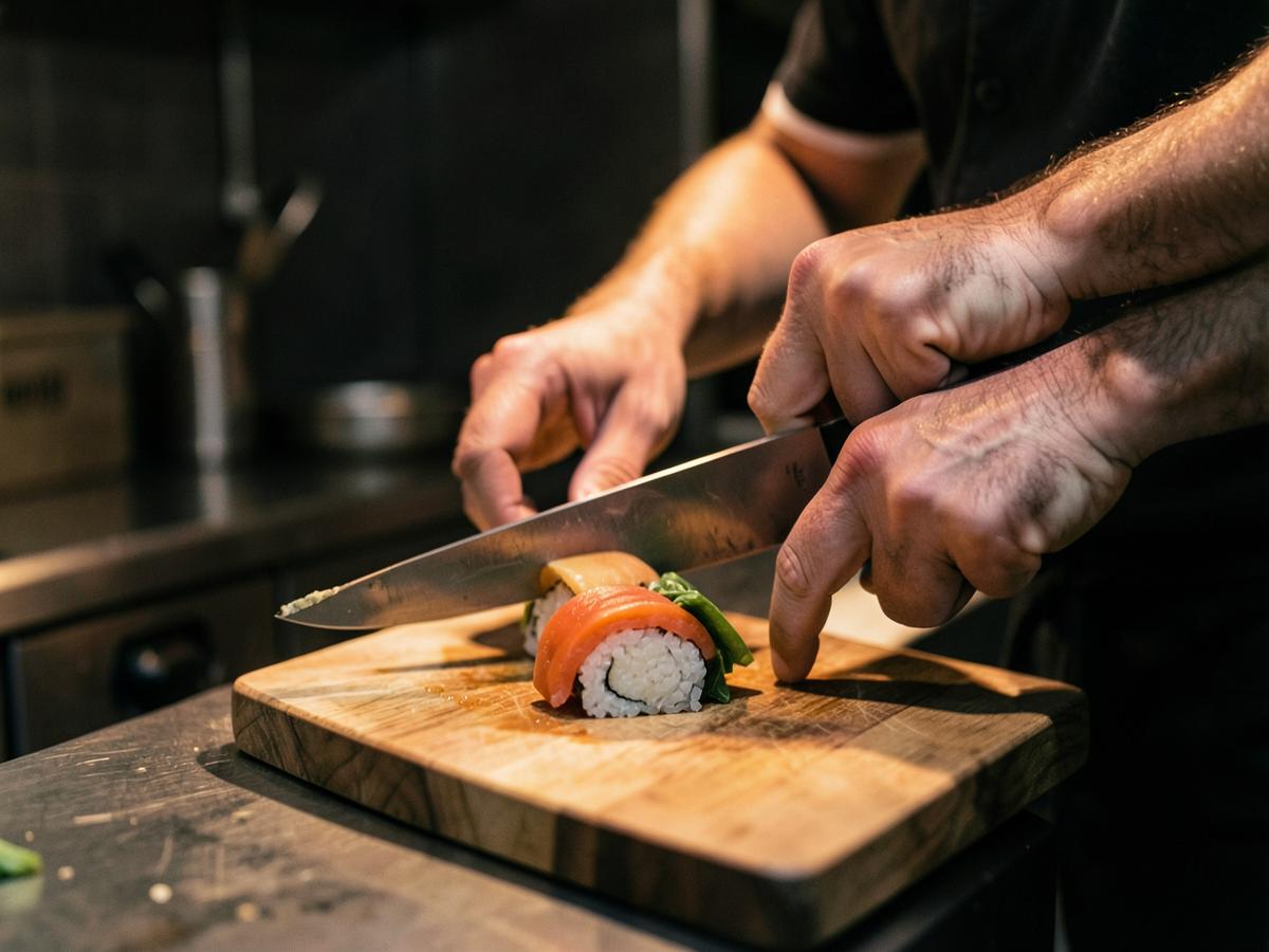 Chef slicing a fresh sushi roll at Rolls N More