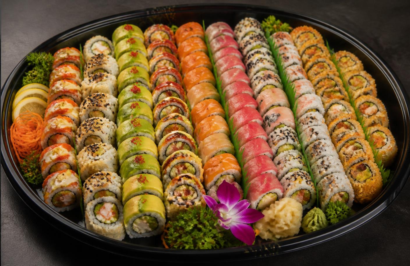 Large sushi party platter with assorted rolls